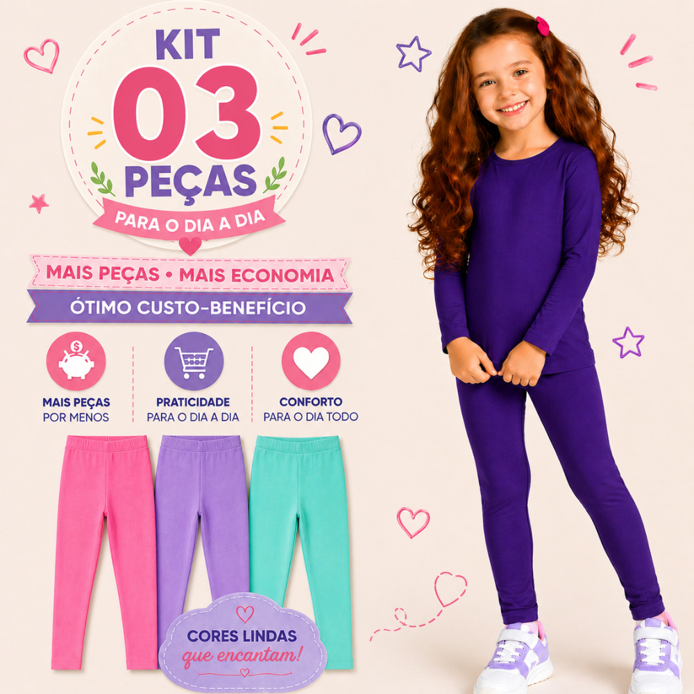 Kit com 03 Calça de Frio Legging Infantil Menina para Criança de 02 a 08 anos Malha Algodão