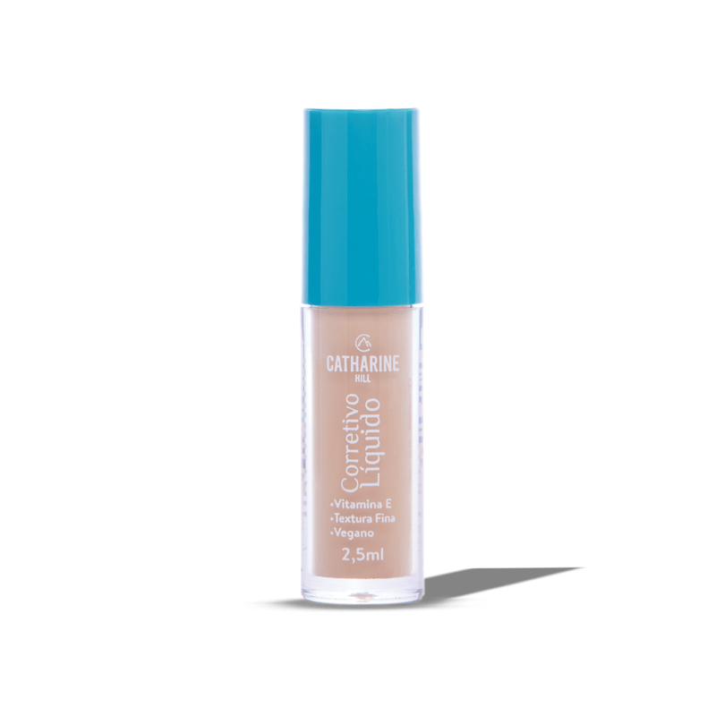 Embalagem do Corretivo Líquido Travel Size da marca Catharine Hill com tampa azul turquesa e frasco transparente contendo 2,5ml de produto.