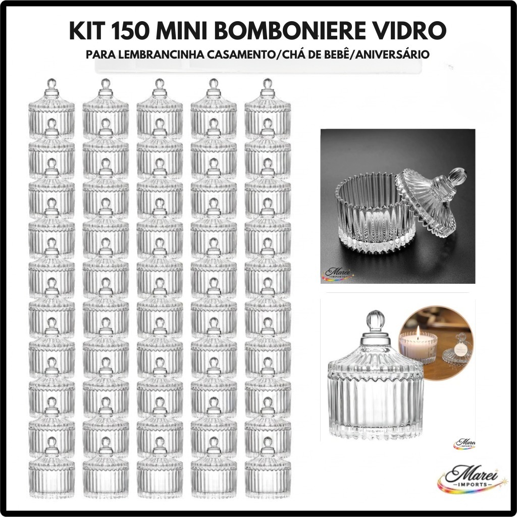 Kit 150 Mini Bomboniere Potiche Vidro Lembrancinha Tampa 9cm Casamento Batizado Festa Chá de Bebê