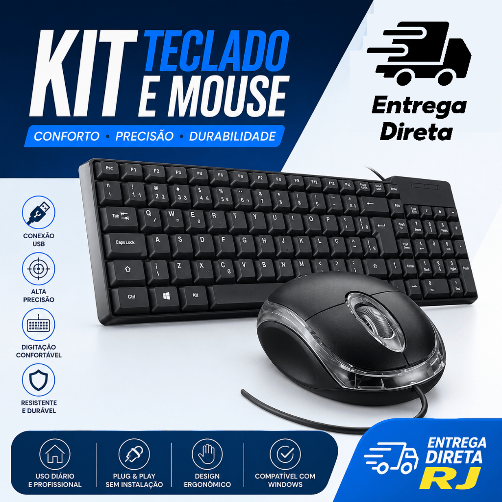 Kit Teclado e Mouse com Fio USB Básico para PC Notebook - Direta RJ