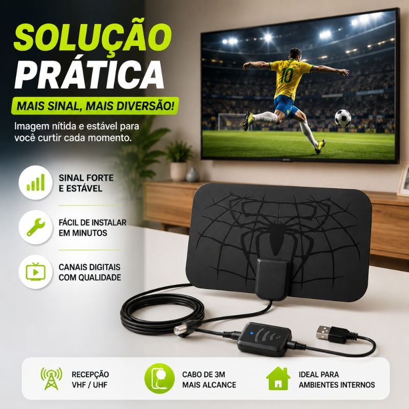 Antena Digital Interna HDTV CopaMax™ com Amplificador Booster TV Cabo 3m VHF UHF Sinal Forte Para Jogos Copa Futebol
