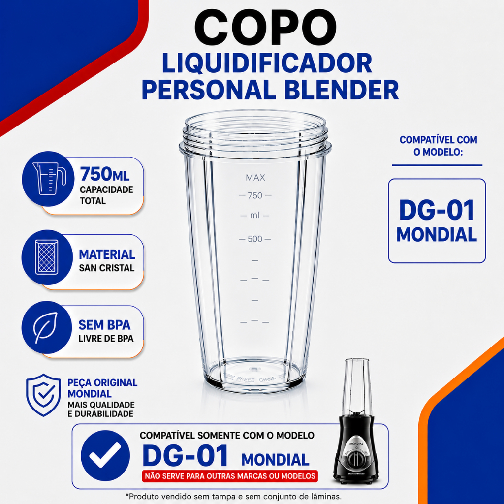 Copo Cristal Original 750ml Personal Blender DG-01 Mondial Sem Faca