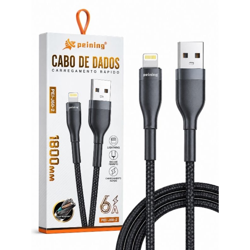 Cabo USB-A para Lightning (iPhone) Reforçado Peining 6A Turbo 1.8m - Carregamento Ultra Rápido - NEXT IMPORTADOS