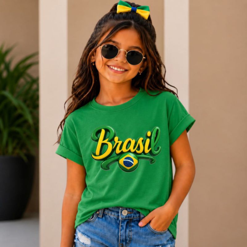 Camiseta Infantil  Brasil  copa do mundo menina menino 100%Algodao juvenil crianças tamanho 2 ao 14