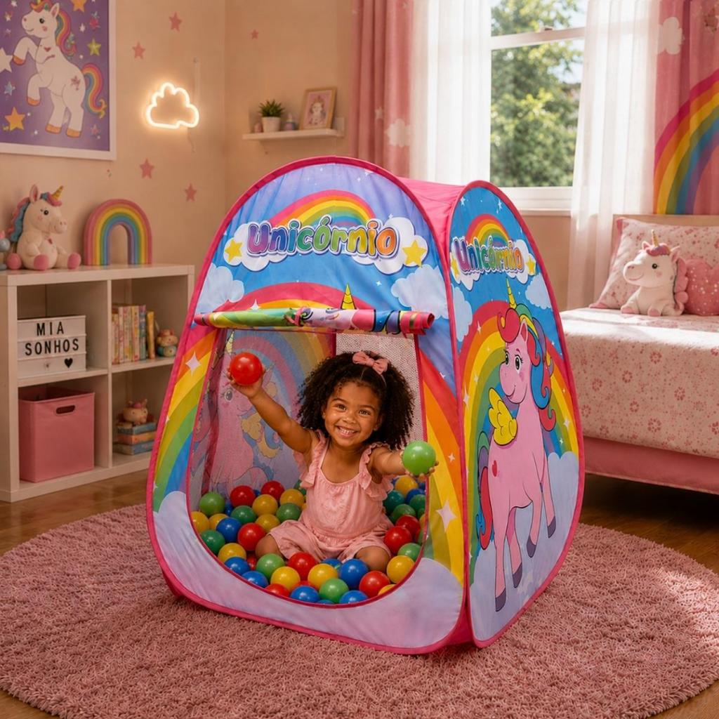 Toca Barraca Tenda Infantil Unicórnio Divertida Dobrável Com 25 Bolinhas Coloridas