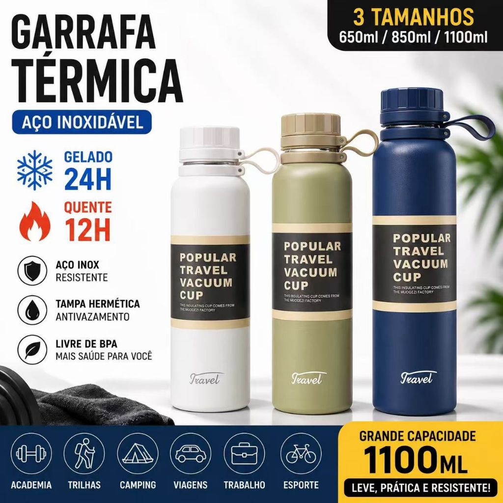 Garrafa Térmica Inox 650ml 850ml 1100ml