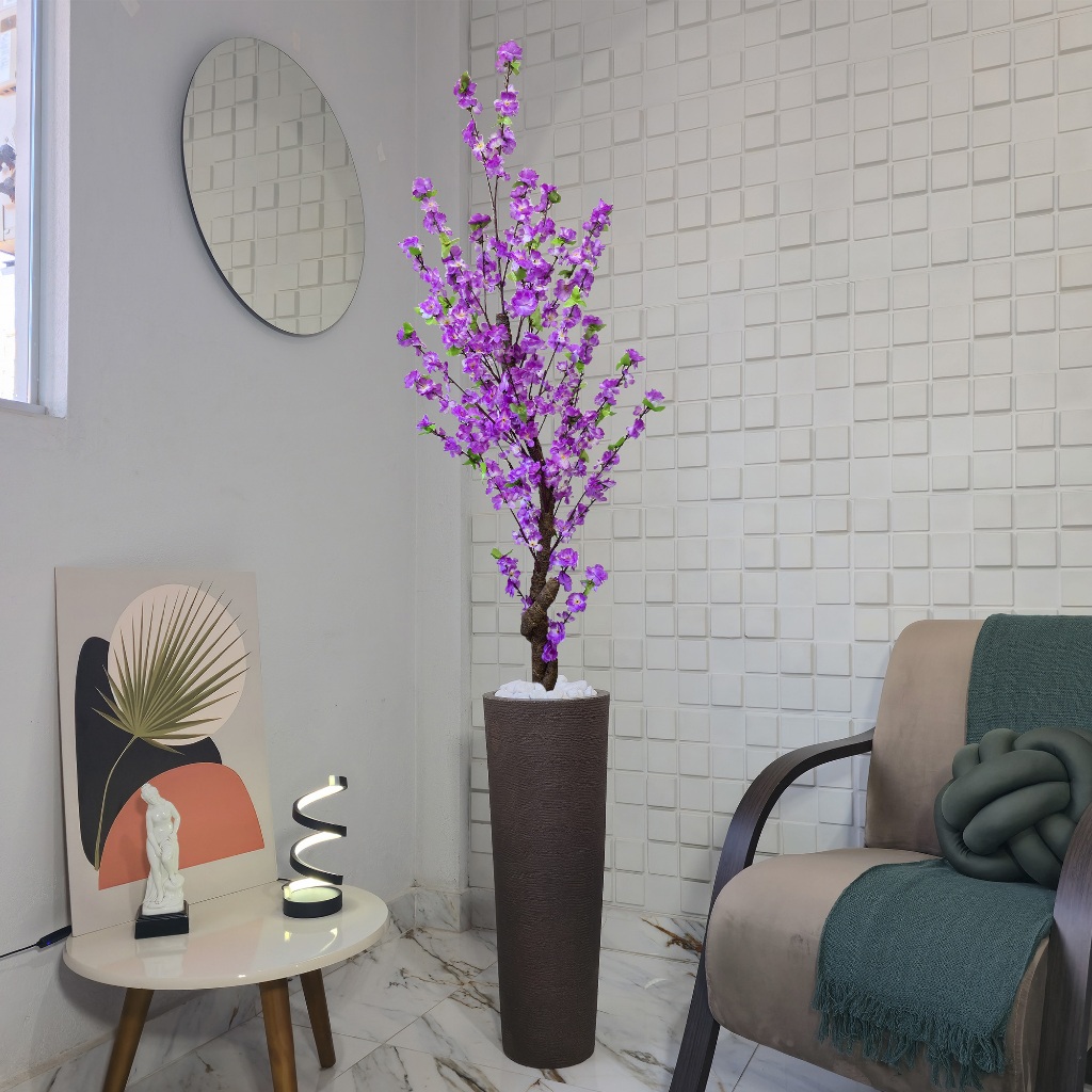 Planta Artificial Cerejeira Roxa 150cm Vaso Grafiato Mármore Pedra — imagem 2 de 2