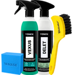 Kit Limpeza de Rodas e Pneus Vonixx Delet 500ml + Vexus 500ml + Escova Detailer Estética Automotiva