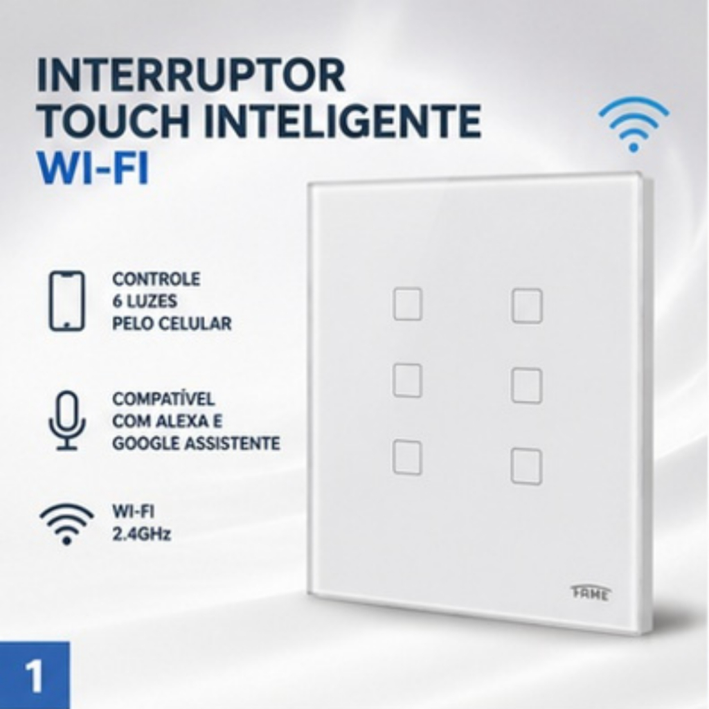 Interruptor Inteligente Wifi Touch 6 Teclas Botões Branco Original Fame Painel Vidro Compatível Alexa Google Smart Home