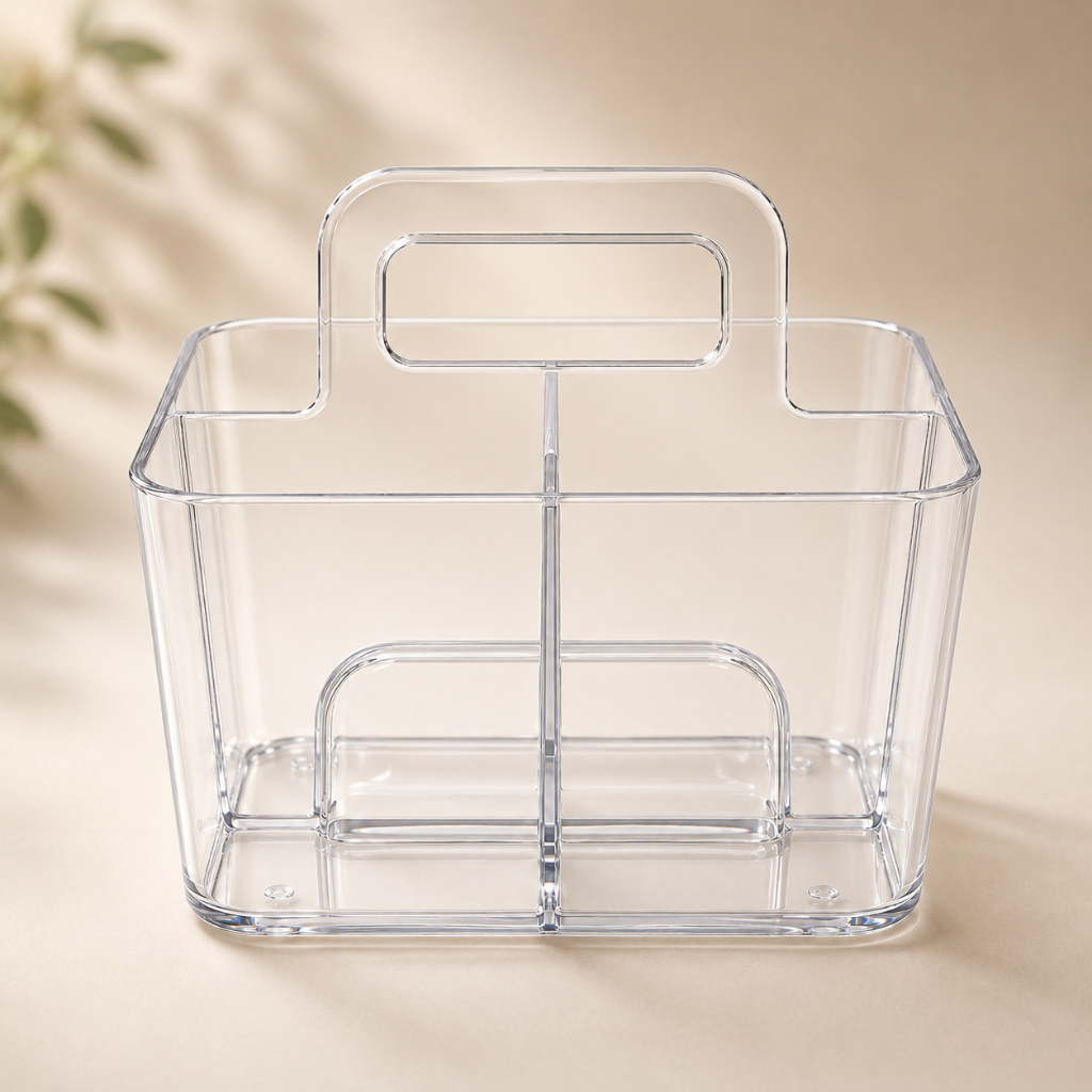 ORGANIZADOR ACRÍLICO MULTIUSO COM ALÇA – PORTA MAQUIAGEM E COSMÉTICOS