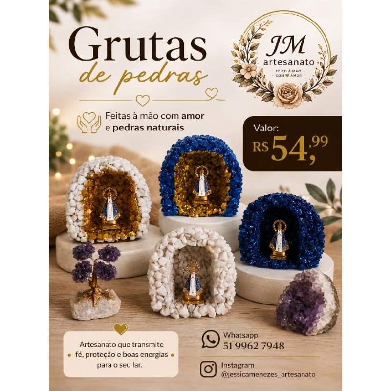 Gruta de pedras naturais com resina – Imagem de Nossa Senhora Aparecida - Produto Artesanal e Religioso