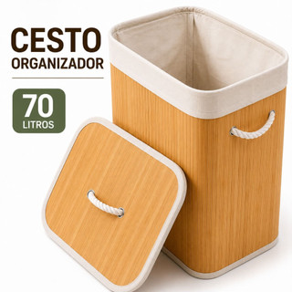 Cesto Organizador Bambu 70 Litros Grande Com Tampa Alça Roupa Lavanderia Cesto de Roupas Organização