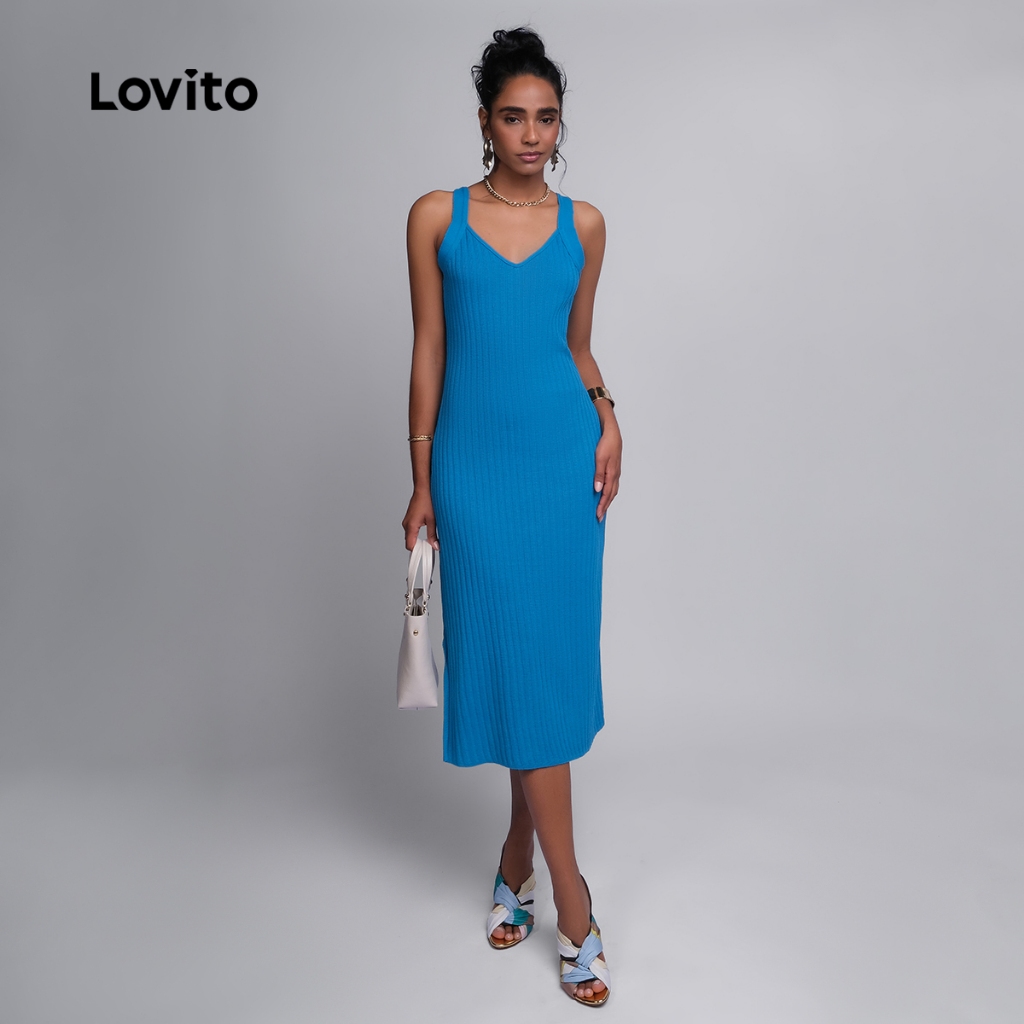 Lovito Vestido Midi Feminino de Tricot Canelado DRB942BRL972