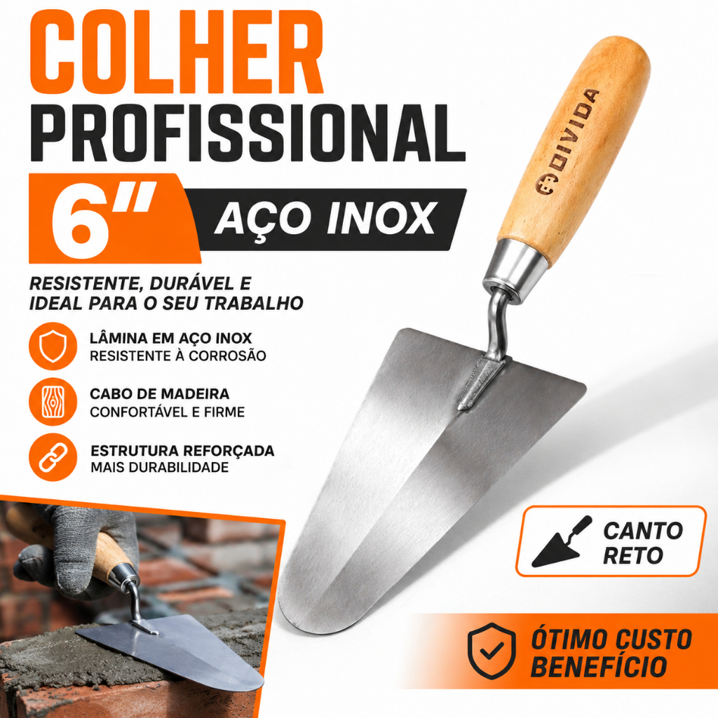 Colher de Pedreiro 6 Pol Aço Inox Cabo Madeira Profissional Resistente Construção Assentamento