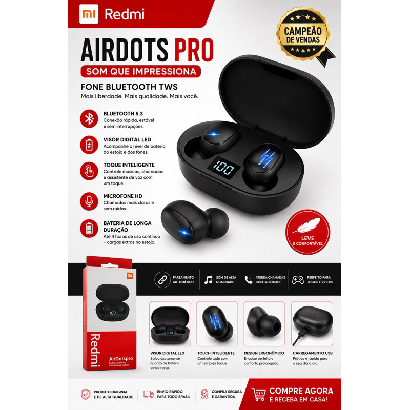Fone Bluetooth Redmi AirDots Pro TWS Sem Fio Visor Digital Android iPhone Bluetooth 5.3