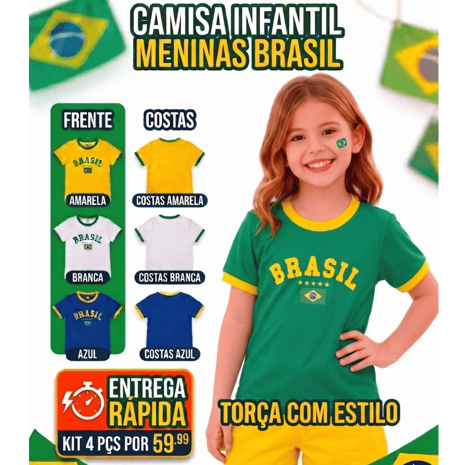 Kit 4 Camiseta do Brasil Feminina Infantil