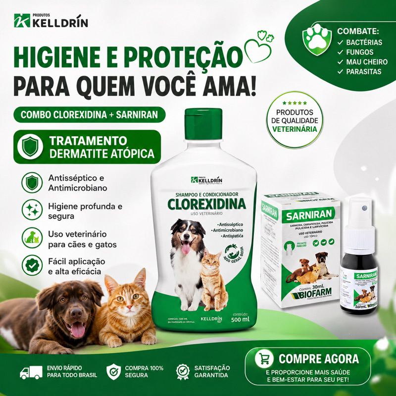 Kit Tratamento Dermatite Atópica Sarniran Spray 30ml + Shampoo Clorexidina 500ml Kelldrin