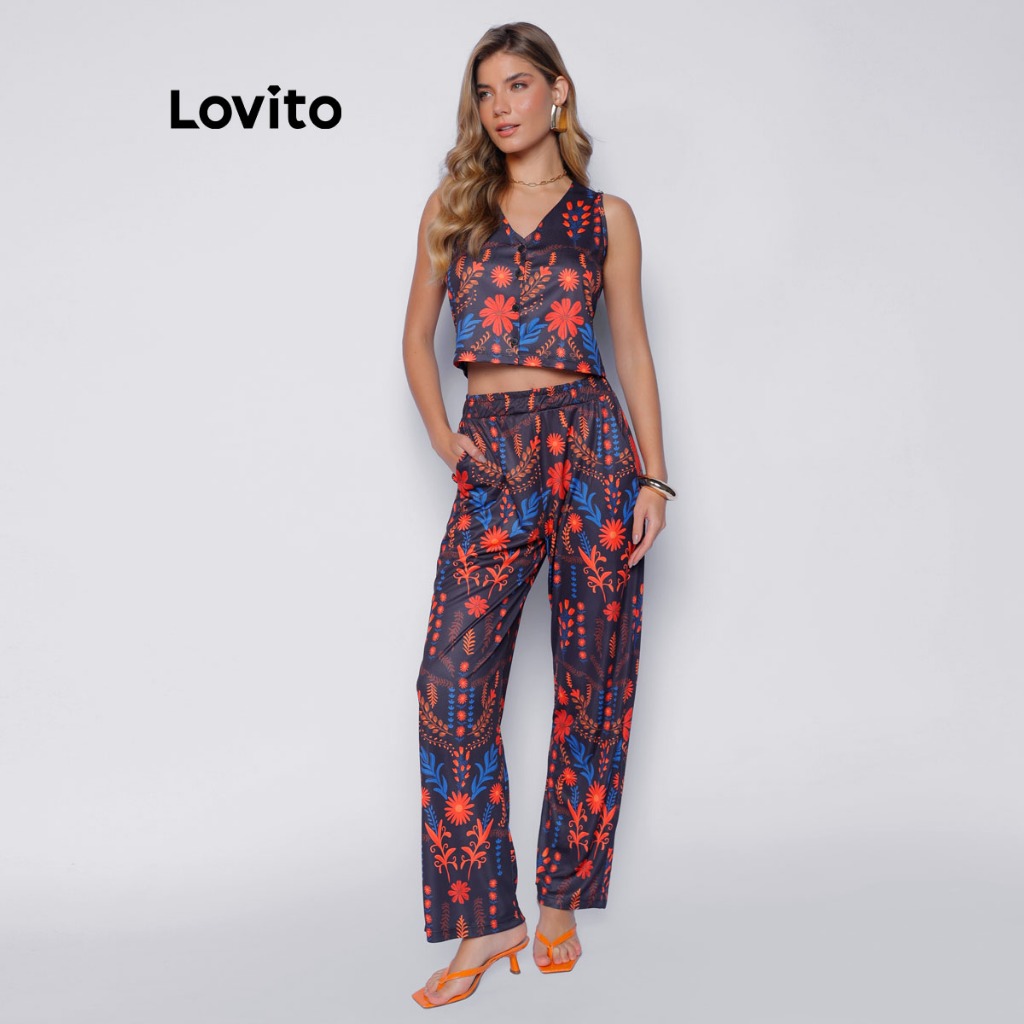 Lovito Bossa Conjunto Feminino Colete e Calça Estampada PSB1193BRL1223