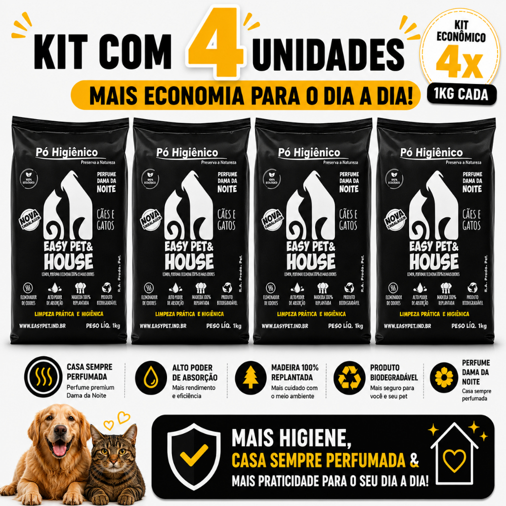 Pó Higiênico Pet Easy Pet & House Dama da Noite 4 Unidades  Alta Absorção  Anti Odor  Cães e Gatos