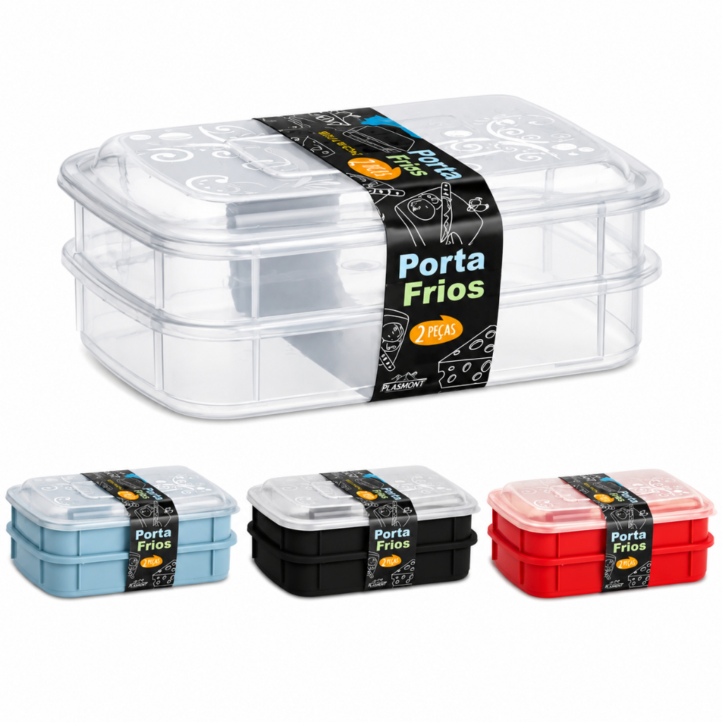 Pote Mantimentos PLASMONT Hermético Transparente 2 Divisórias Porta Frios Queijo Presunto Kit