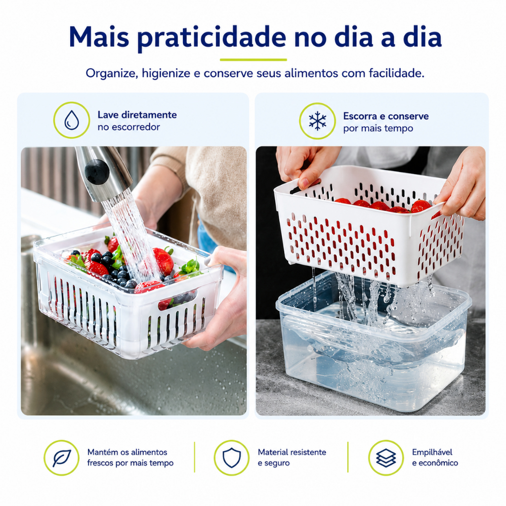 Vittak Organizador de Geladeira 1,75L Com Tampa e Cesto Escorredor Multiuso Alimentos Verduras Legumes Vegetais
