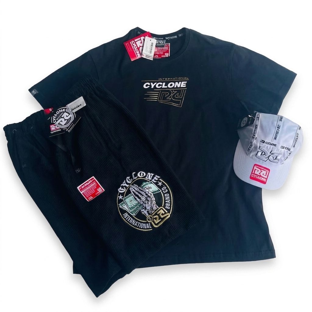 Kit Bermuda de veludo Preta+ Camiseta Preta + Boné cyclone