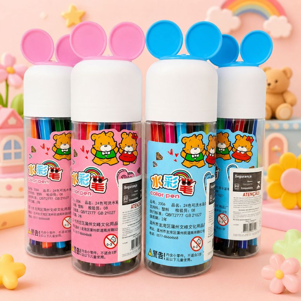 12/24 Cores Lavável Canetas Hidrográficas Color Pen canetinha Estampa MiKi Orelhos com 2 URSOS