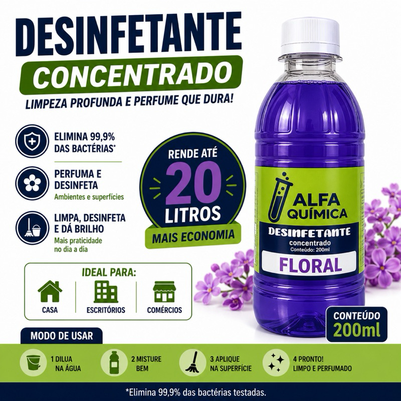 DESINFETANTE CONCENTRADO FLORAL 200ML - RENDE 20 LITROS