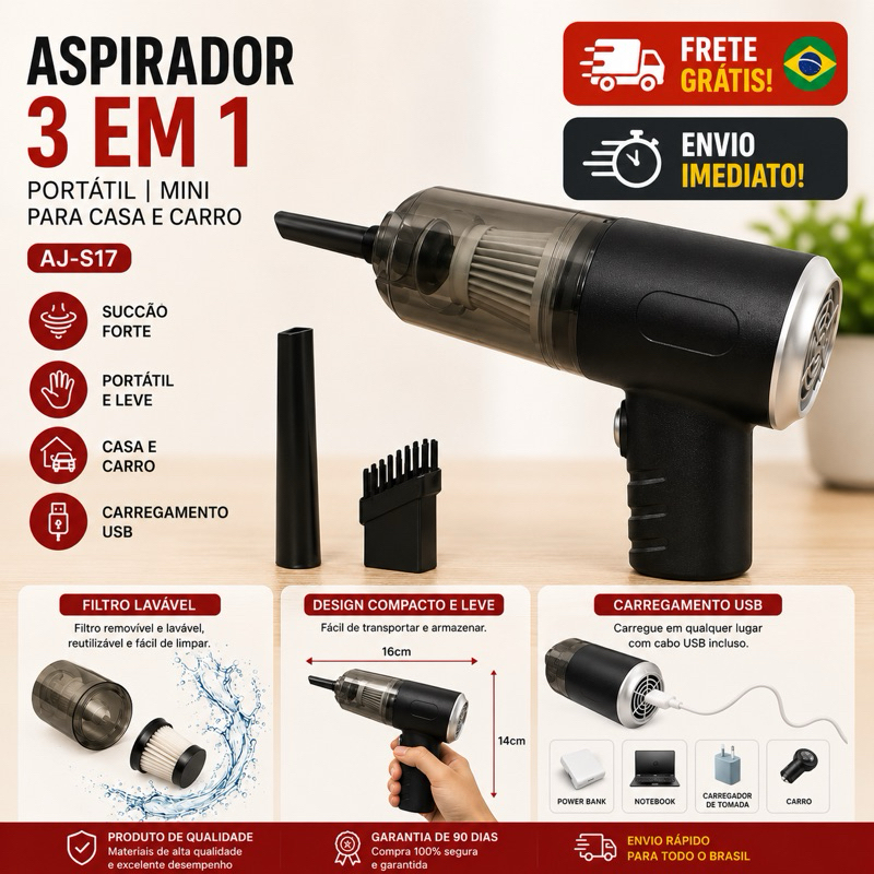 Mini Aspirador de Pó Portátil Automotivo Casa Sem Fio 3 em 1 Recarregável Potente 6000Pa