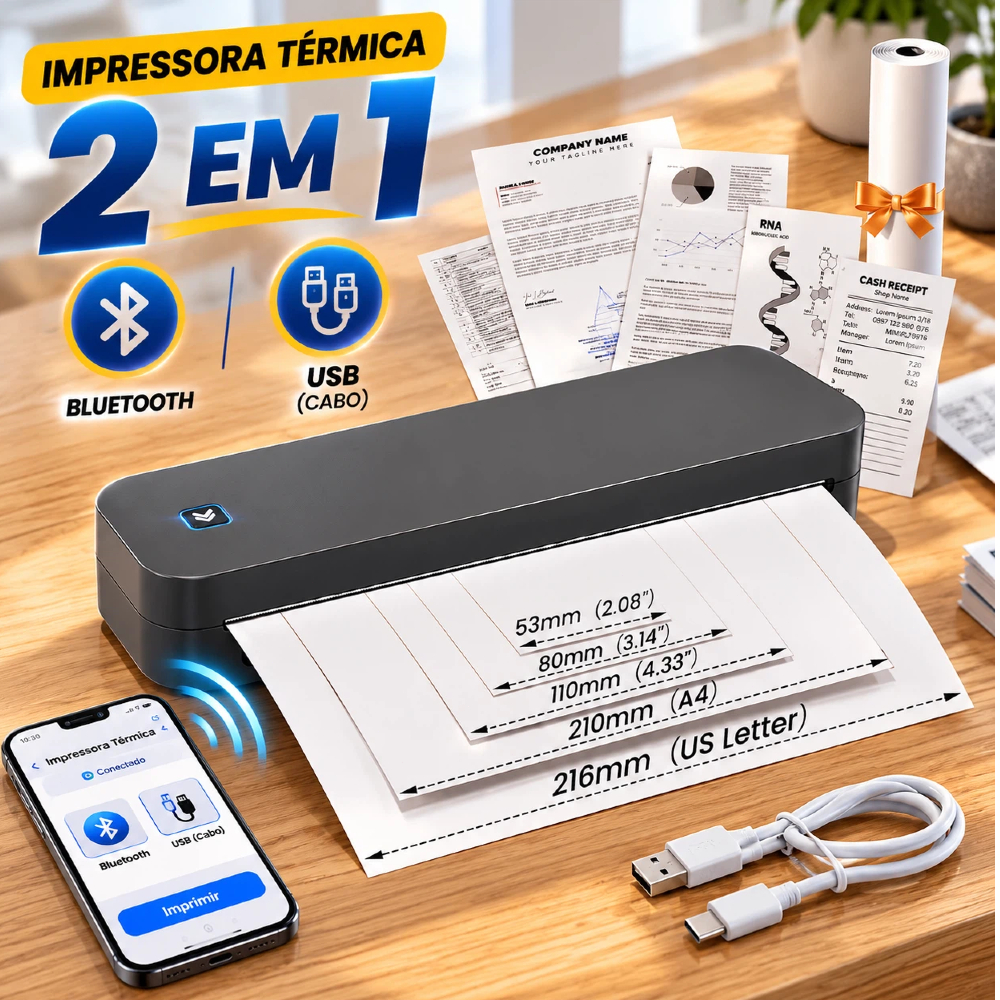 Impressora Térmica 2 Em 1 A4 57-216mm Bluetooth Portátil para Transferência de Tatuagem e Documentos