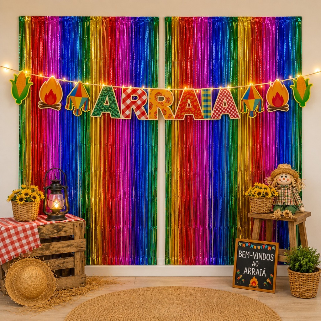 Kit Decoração Festa Junina Arraiá Faixa Led + 2 Cortinas Fita Metalizada Colorido
