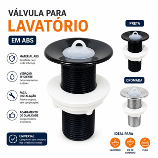 Válvula Para Lavatório ABS Universal Preta E Cromada Pia Banheiro Cuba Com Vedação 7/8