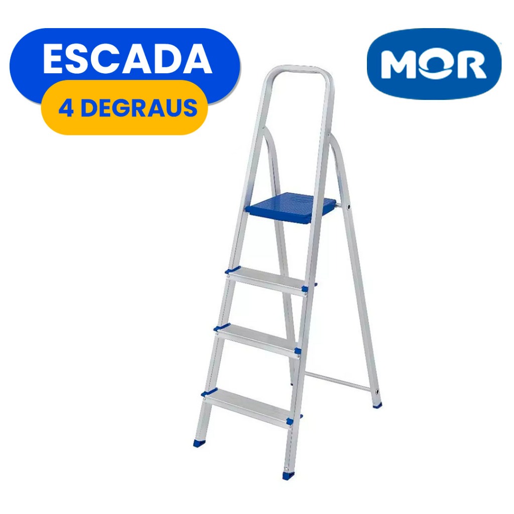 Escada De Alumínio 3 Ou 4 Degraus MOR Dobrável Resistente Doméstica Suporta 120kg Tesoura Reforçada