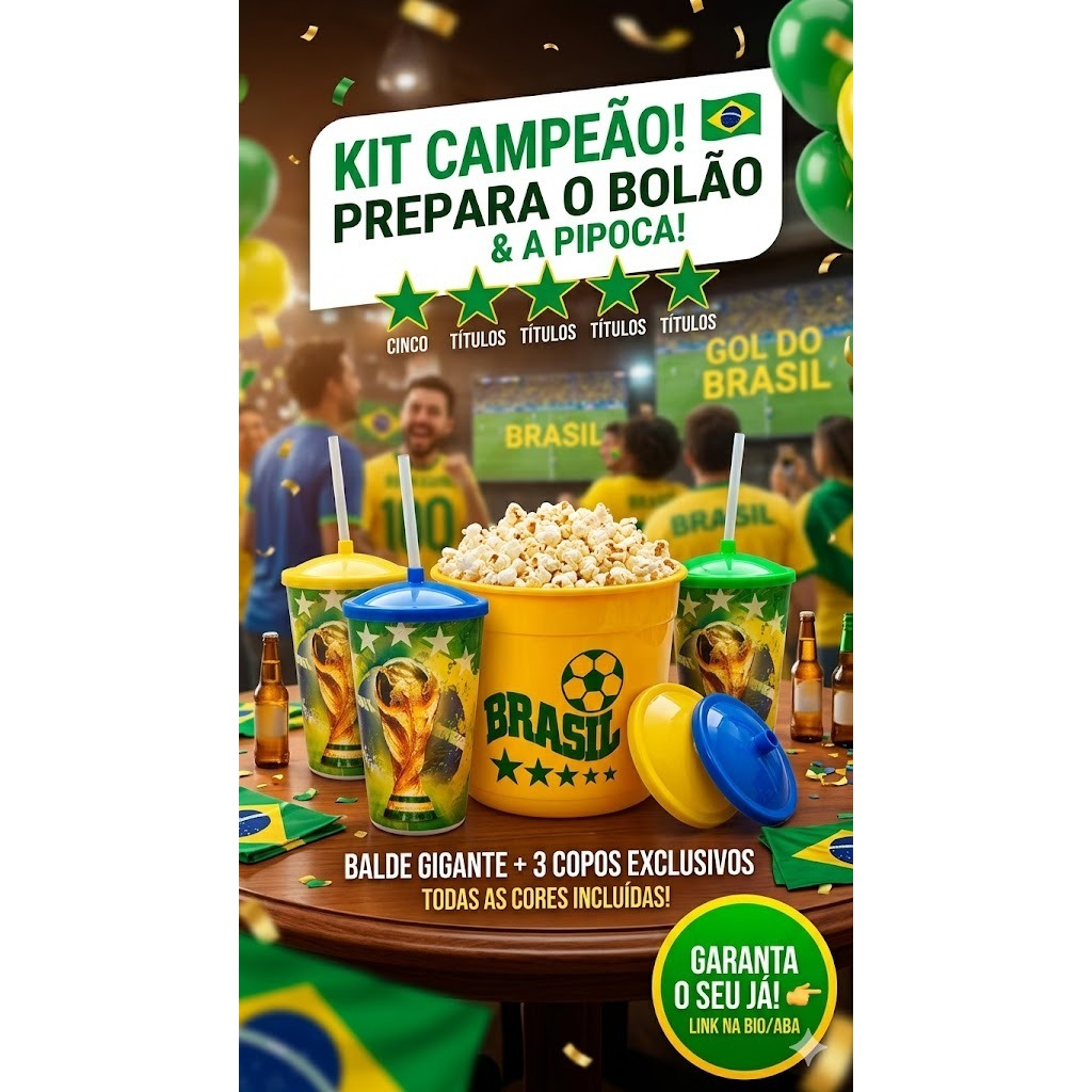 Kit Torcedor Brasil: 1 Balde de Pipoca 1L + 1 Copo com Tampa 550ml