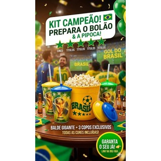 Kit Torcedor Brasil: 1 Balde de Pipoca 1L + 1 Copo com Tampa 550ml