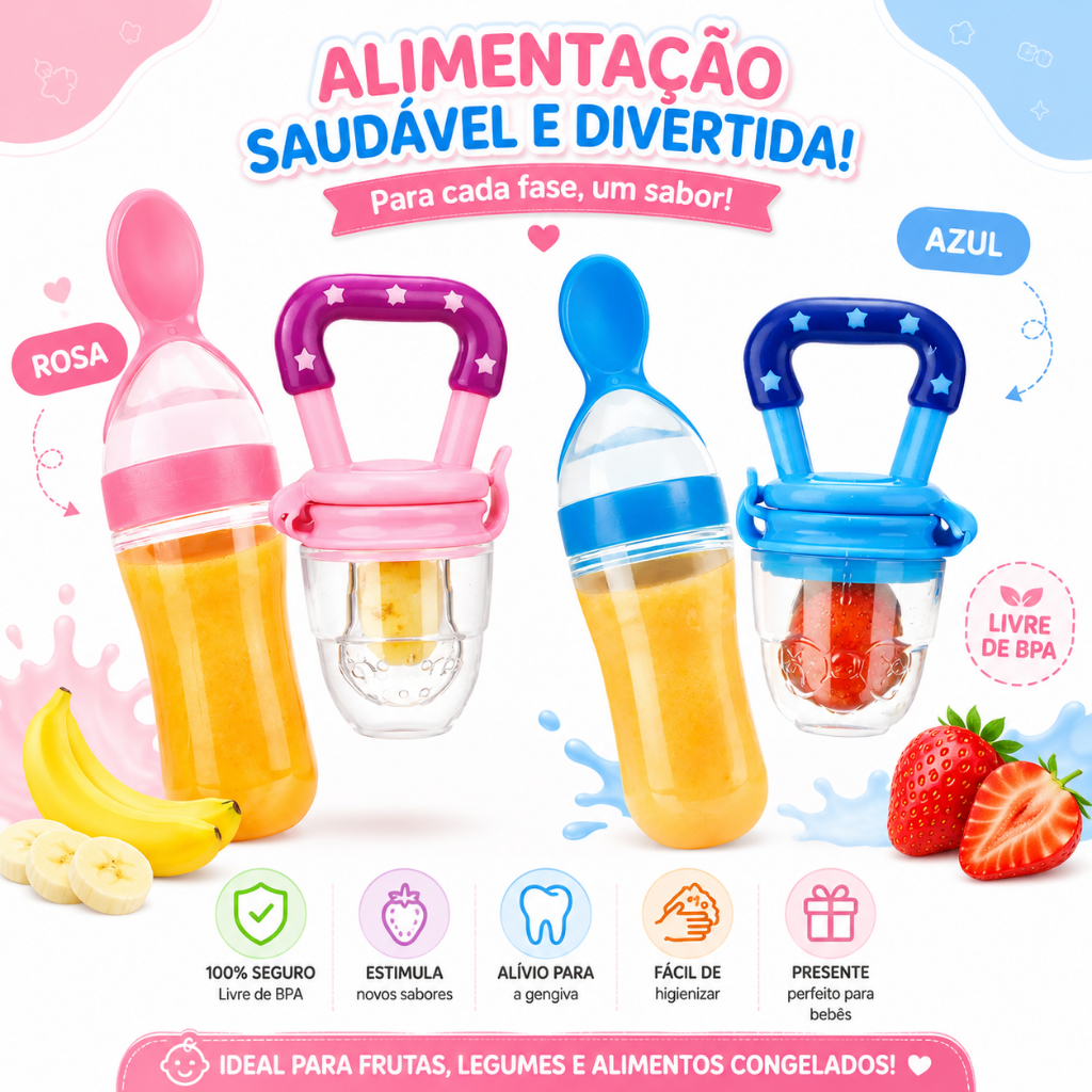 Kit Chupeta Alimentadora Frutinhas Mamadeira Colher Dosadora de Silicone Bebê Porta Fruta Mordedor