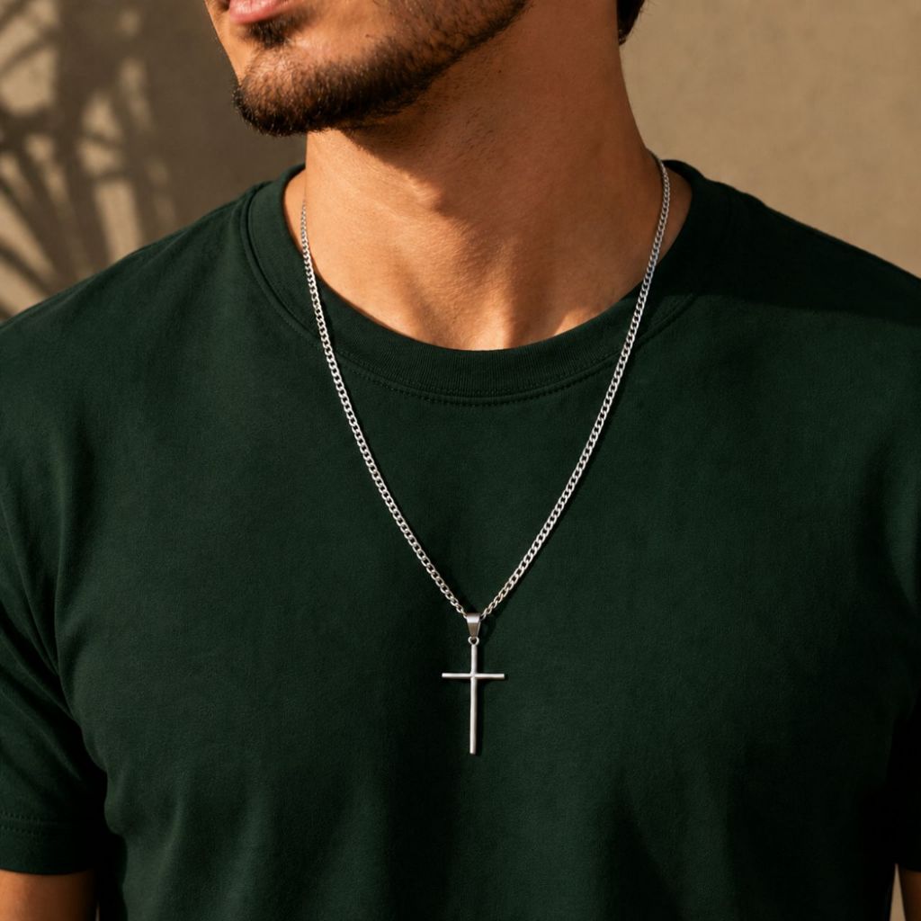 Corrente Masculina Grumet com Pingente Cruz Prata Aço Inox | Não Escurece