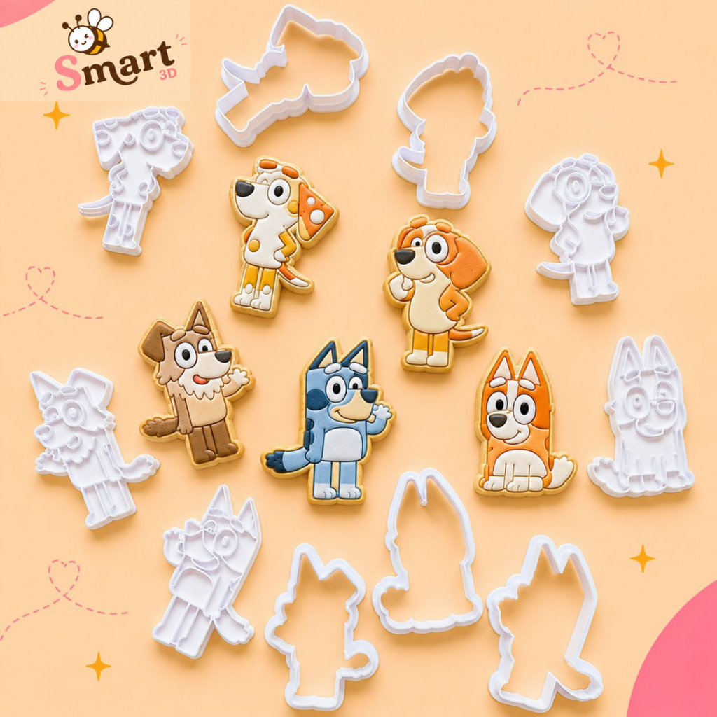 Kit 5 Cortadores e marcadores de biscoito / Massa - Personagens Bluey 6cm
