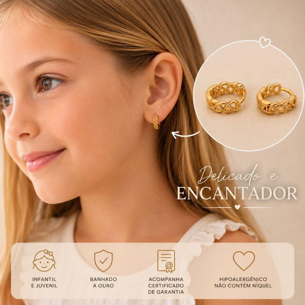Brinco Infantil Juvenil Banhado a Ouro Delicado Luxo Hipoalergênico