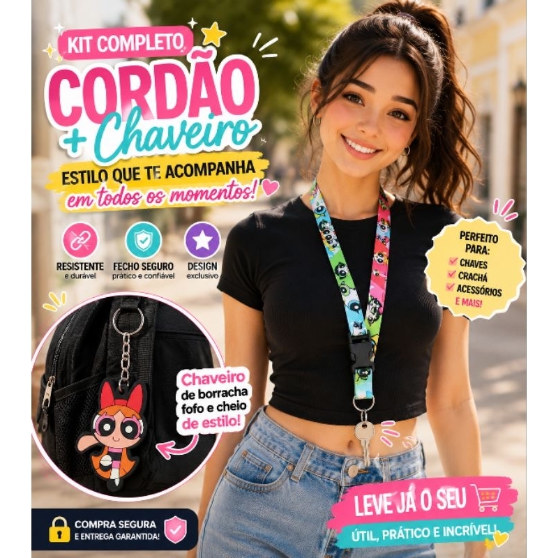 kit chaveiro de borracha e cordão personalizado meninas super poderosas (docinho)