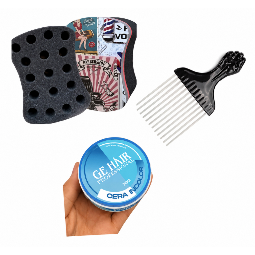 Kit Completo c/  1 Esponja Nudred + 1 Pente Garfo Aço + 1 Cera Modeladora