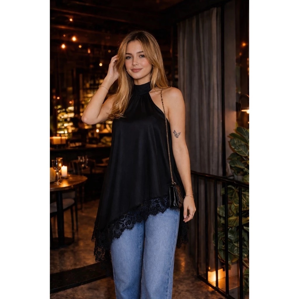 Blusa Feminina Cetim Gola Alta Assimétrica Frente Única Com Renda Bata Elegante Tendência