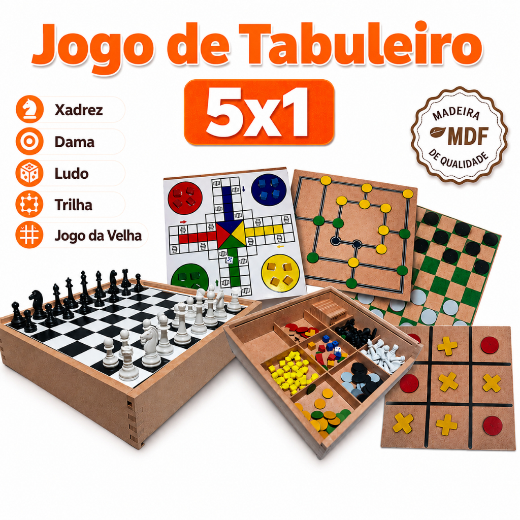 Jogo Clássico de Tabuleiro 5 em 1 Dama  Xadrez Ludo Trilha Dominó Jogo Velha Resta 1 em MDF