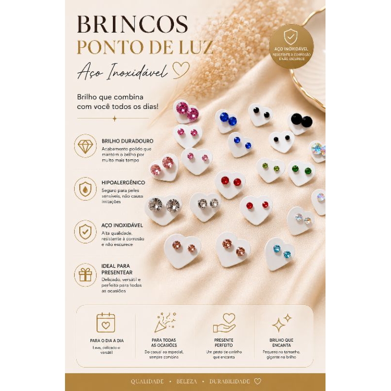 Brinco Ponto de Luz em Aço Inoxidável Feminino Masculino 3mm a 8mm Cores Variadas Antialérgico e Não Escurece