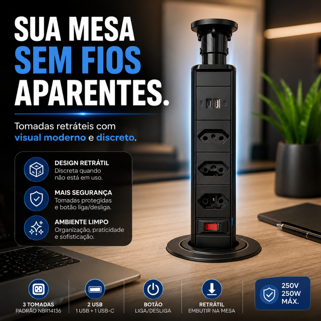 Extensão Retrátil 3 Tomadas Padrão + 2 USB Embutir Mesa Escritório Bancada - UNT-ZC303BC
