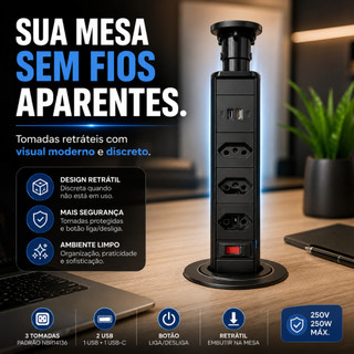 Extensão Retrátil 3 Tomadas Padrão + 2 USB Embutir Mesa Escritório Bancada - UNT-ZC303BC