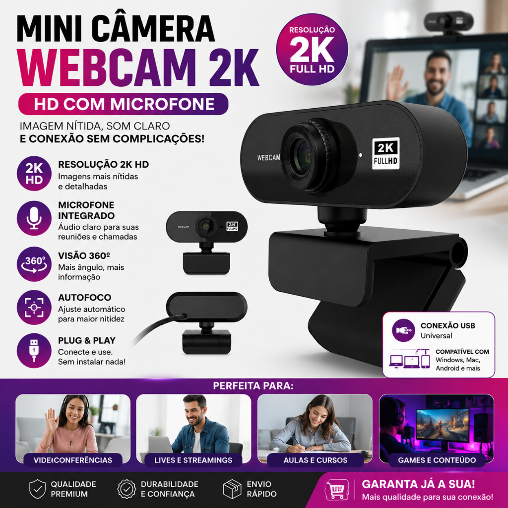 Mini Câmera Webcam 2K HD c/ Microfone Visão 360º Autofoco USB 2.0 Cam Mac Portátil Desktop