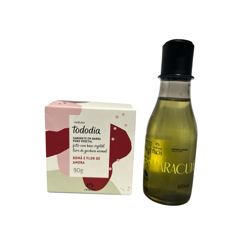 kit Natura ekos sabonete líquido maracujá mini 100ml e sabonete em barra romã e flor de amora 90g