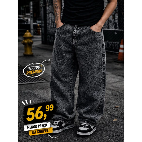 Calça Balão Jeans Masculina Grafite 100% Algodão Grosso Boca Larga Bag Streetwear Urbana Casual Moda Atual Tendência