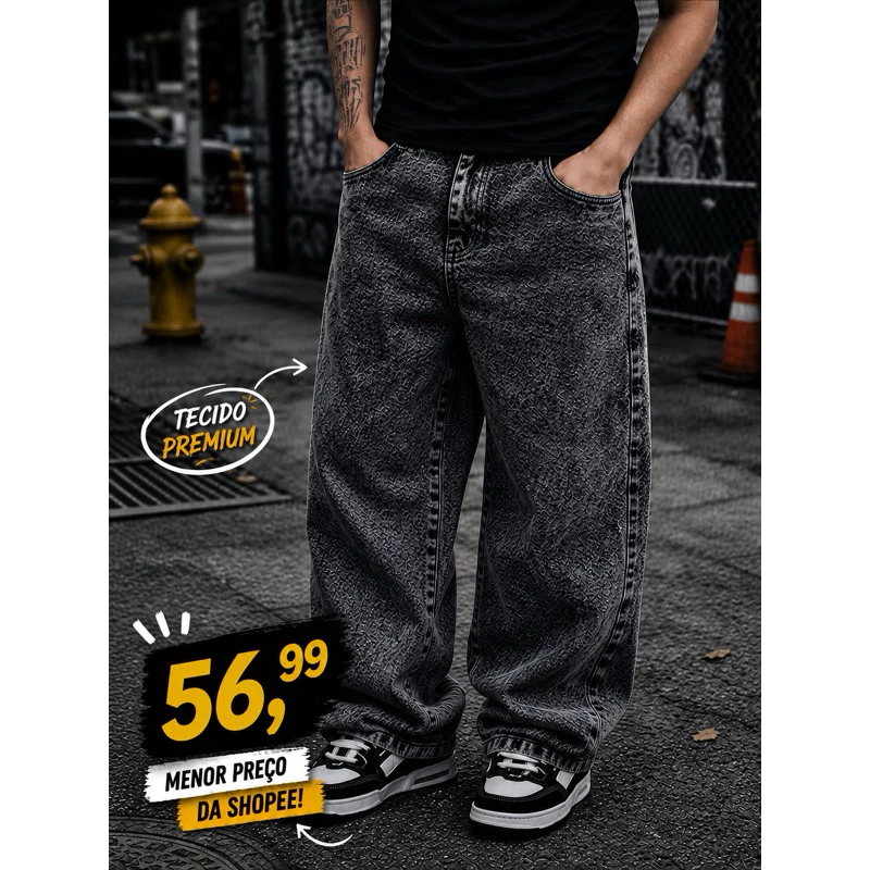 Calça Balão Jeans Masculina Grafite 100% Algodão Grosso Boca Larga Bag Streetwear Urbana Casual Moda Atual Tendência